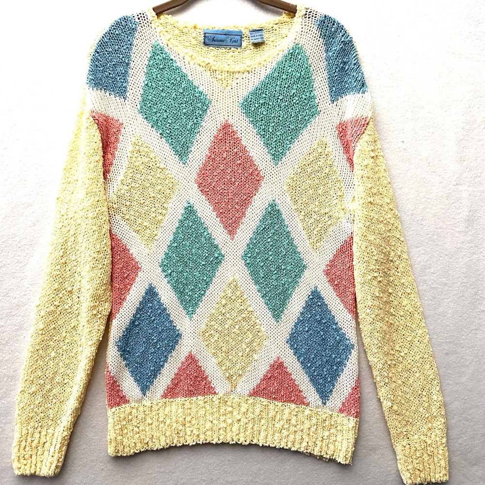 Vintage Suzanne Kent‎ M Yellow Sweater Pastel Diamond Argyle Textured Metallic